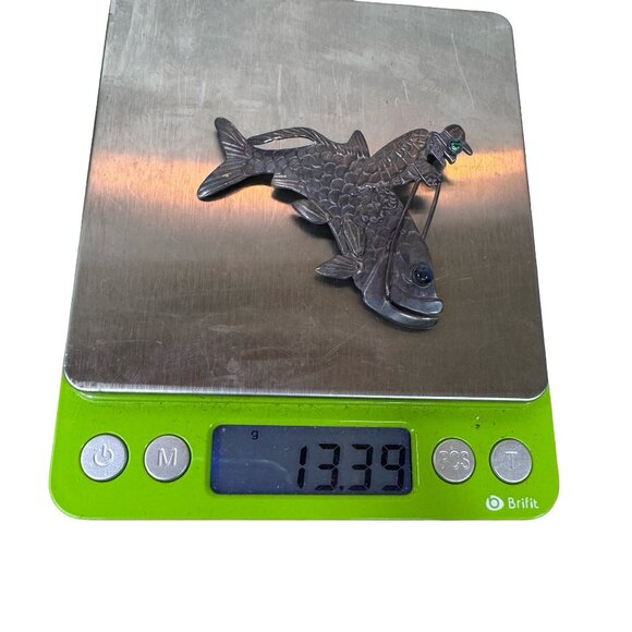 Figural Sterling Silver Turtle Riding Fish Rider Brooch Pendant Green Blue Eyes - Picture 7 of 7